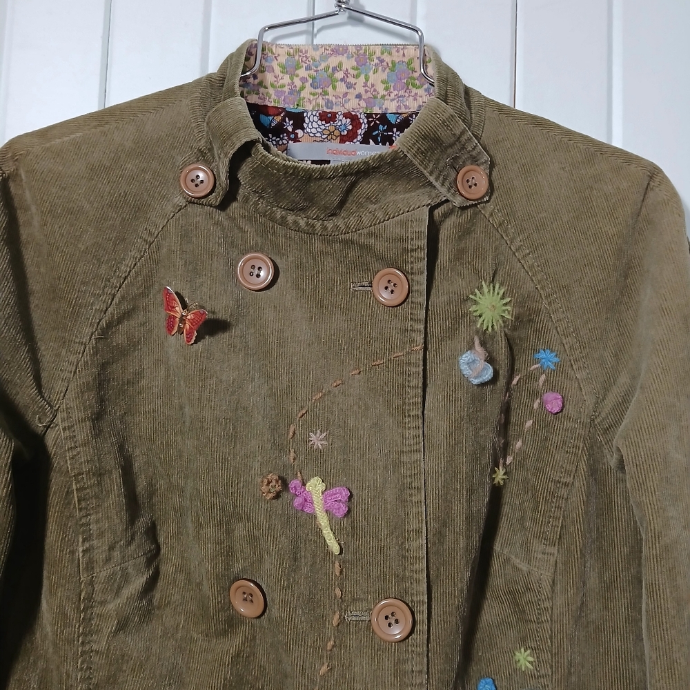 Vintage Olive Green Embroidered Corduroy Pea Coat - Picture 5 of 11